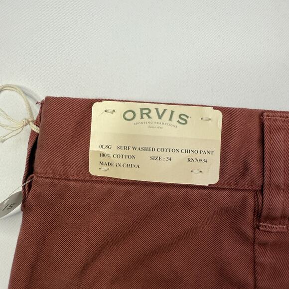 Orvis Pants Mens 34 Rust Surf Washed Cotton Chino Unfinished Hem Straight Leg - Picture 8 of 10